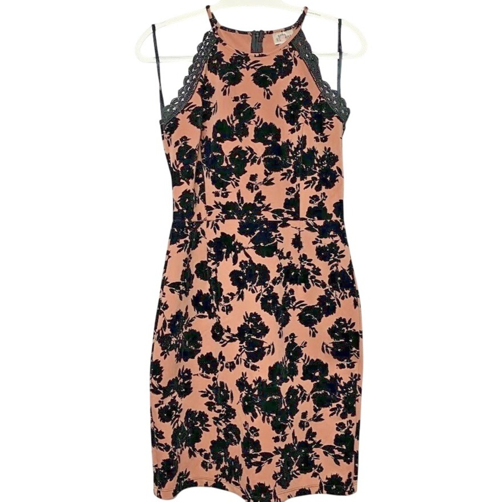 Autumn Wedding Guest Floral Halter Dress Womens Large Pink Black Lace Trim